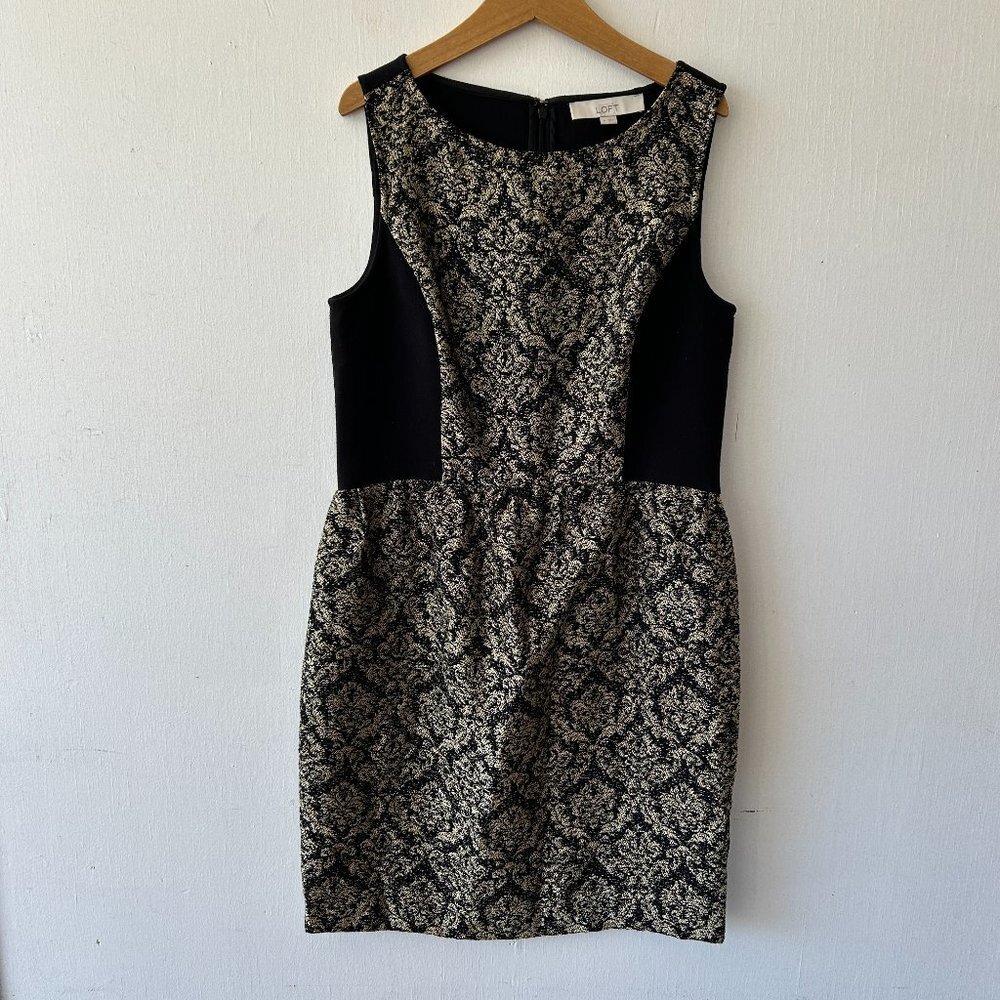 LOFT Tapestry Sheath Dress Womens 6 Gold Black Rear Zip Regency Fairy Grunge